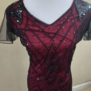 Whimsigoth Dark Fairy Red Black Overlay Beaded Sequin Maxi Dress XL Sheer Vamp